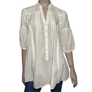 Retro Women’s Size M White Cotton Placket Henley Pocket Front Tunic Shirt